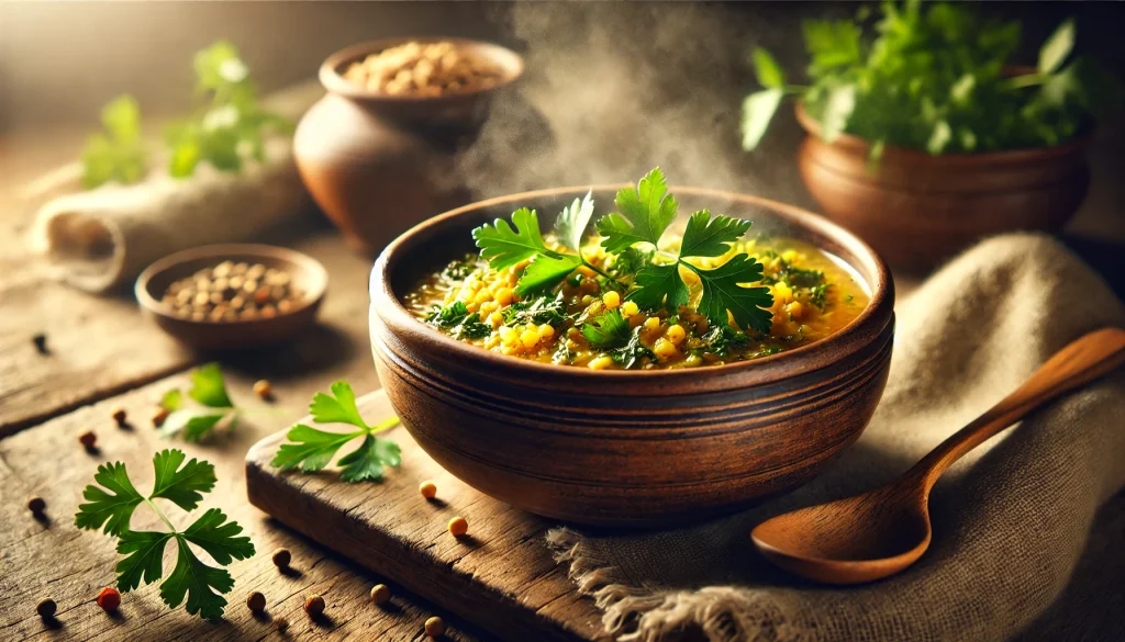 A close-up of a rustic bowl filled with kitchari or a seasonal stew, garnished with fresh herbs, placed on a wooden table. AI generated